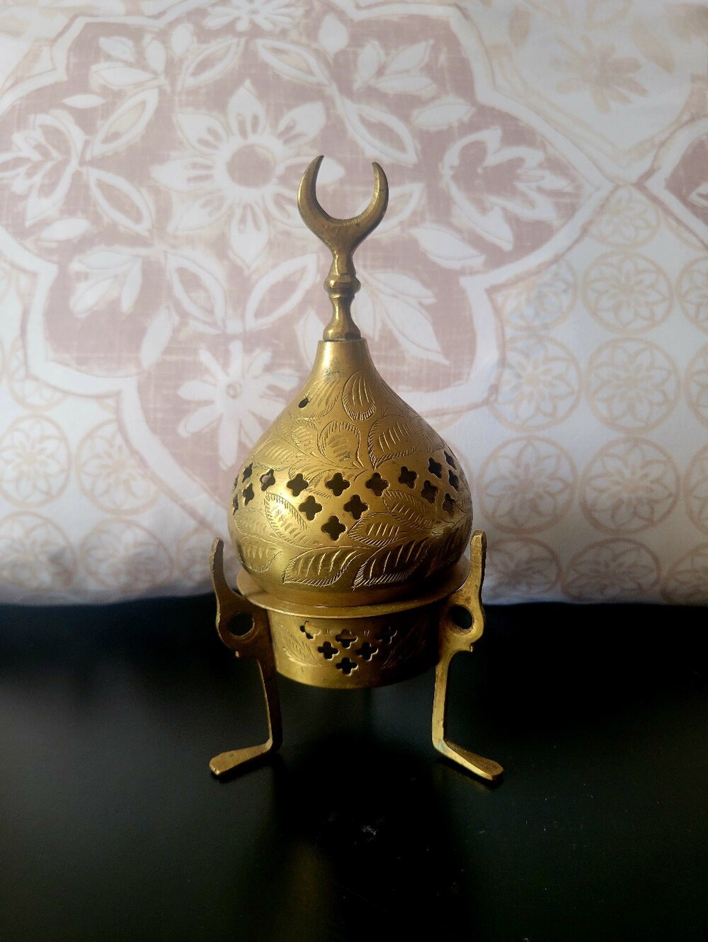 Vintage Solid Brass Incense Burner with Crescent Moon Lid